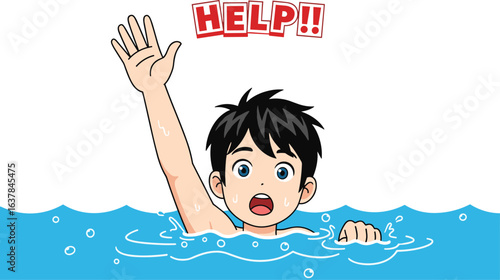 Cartoon person drowning in water with raised arm and red “HELP!!” text, emergency rescue concept, cad drawing flat vector illustration