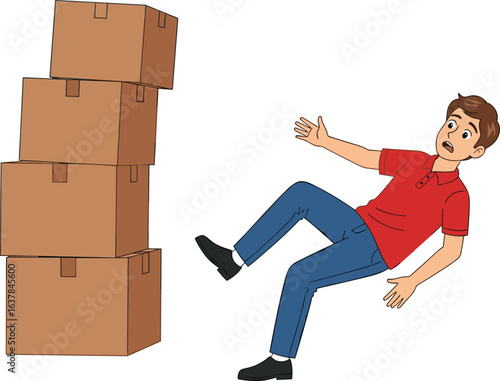 Cartoon person falling backward near unstable stack of cardboard boxes, red shirt, blue pants, workplace safety vector illustration