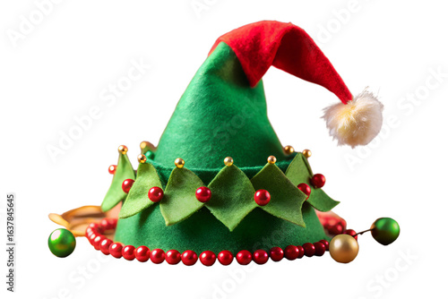 Festive green and red elf hat with decorations isolated on transparent background, a fun and whimsical accessory for christmas holiday celebrations and costume parties