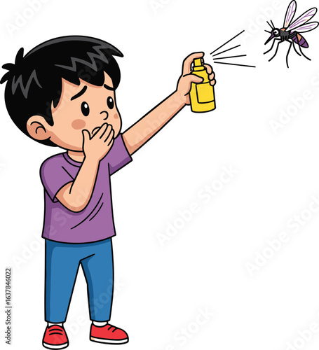 Cartoon boy spraying insect repellent at mosquito, purple shirt, blue pants, red shoes, pest control vector illustration for stock