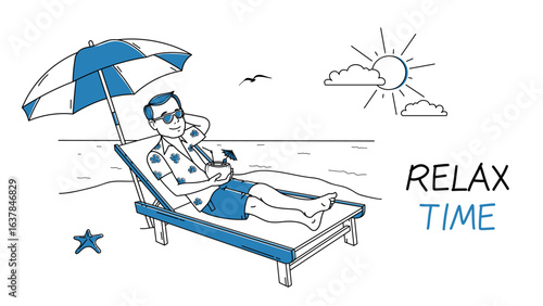 Travel vacation concept with character scene in whiteboard outline. Man sits in sun lounger under umbrella and relax, resting at resort. Vector illustration with line character situation for web.