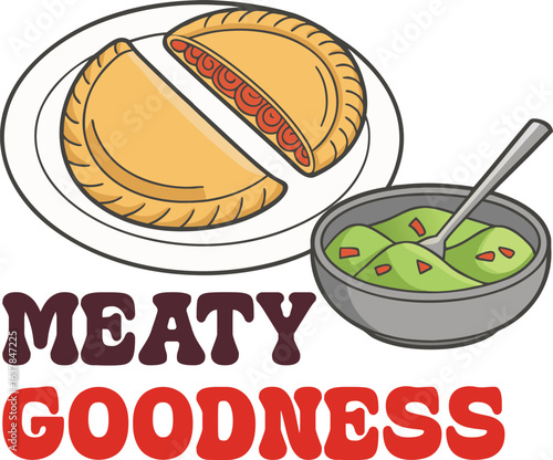 Cartoon illustration of empanadas with guacamole bowl and food text, vector