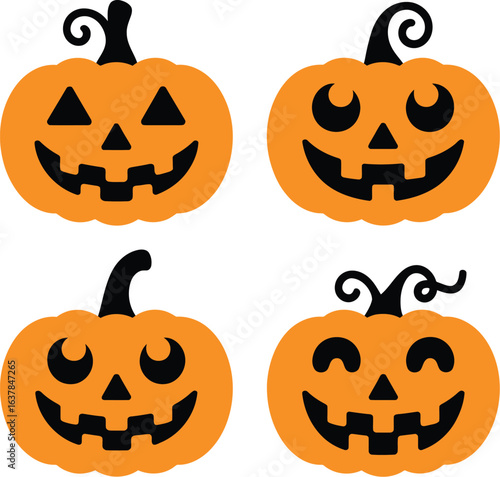 Cute Cartoon Jack-o'-Lantern Set – Halloween Pumpkin Faces with Fun Expressions for Seasonal Decor and Festive Design