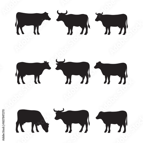 Black and white silhouettes of various cow types.