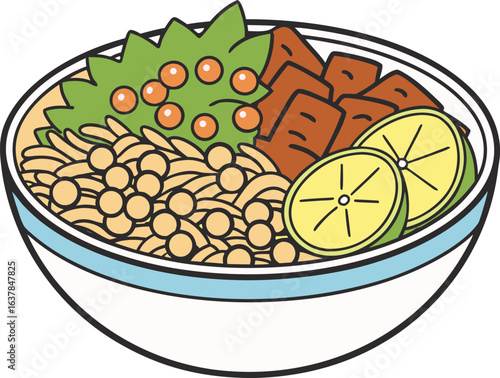 Cartoon illustration of a healthy poke bowl with several ingredients, vector