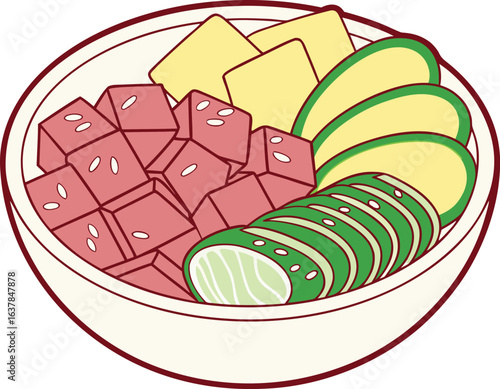Delicious and colorful poke bowl featuring fresh ingredients and healthy eating, vector illustration