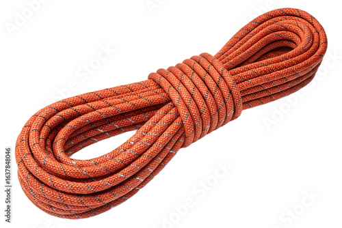 Orange climbing rope coiled neatly with blue accent strands, dynamic rope for mountaineering adventures, isolated on a transparent background