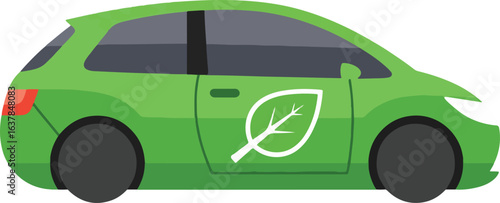 Green eco-friendly car with a leaf symbol on the door, representing sustainable transportation and clean energy.