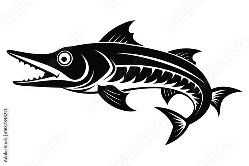 Striking monochrome barracuda displays its pointed teeth and prominent eye in lateral presentation