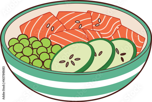 A bowl of salmon poke with peas and cucumber slices, vector illustration