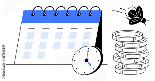 Calendar with highlighted dates, clock showing time, stacked coins, and flying bug indicating urgency or wasted opportunities. Ideal for scheduling, deadlines, time management, finances