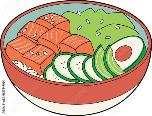 Bowl of fresh salmon avocado cucumber and rice poke bowl, vector illustration