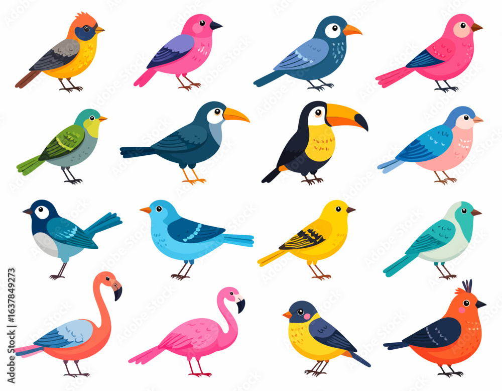 Fototapeta premium Colorful playful cartoon birds collection for children’s illustrations and decor