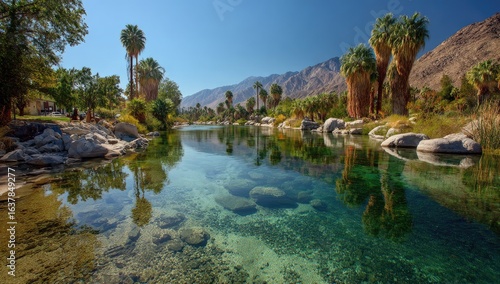 Tranquil oasis with crystal-clear river reflecting palm trees and mountains