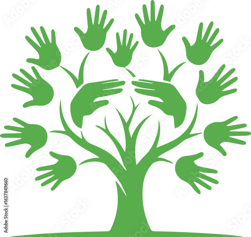 Green handprint tree symbolizing community and care.