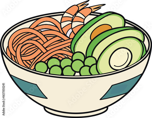 Bowl of appetizing noodles with avocado shrimp and green peas, vector illustration