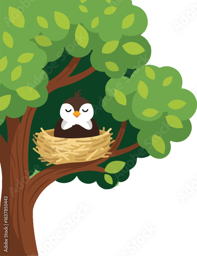 A cute cartoon bird sleeping peacefully in a tree nest