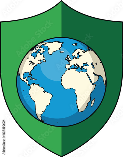 Green shield protecting planet Earth, a symbol of global security and environmental awareness.