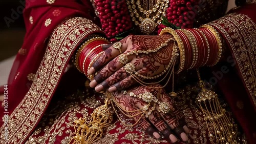 Close Up of Bride Hands Adorned with Henna and Gold Jewelry Wearing a Traditional Red and Gold Embroidered Wedding Dress During Ceremony