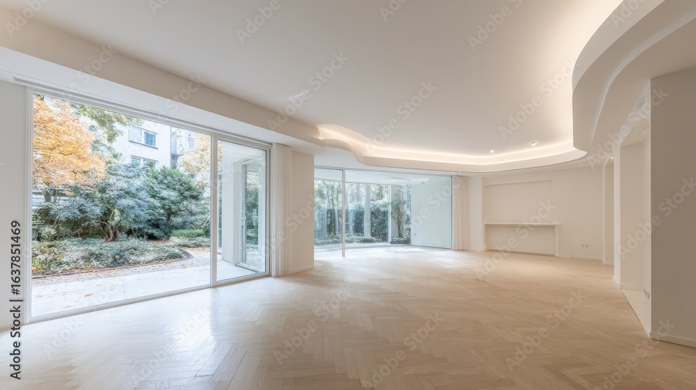 Fototapeta premium Bright and Spacious Modern Living Room with Large Windows Overlooking a Lush Garden