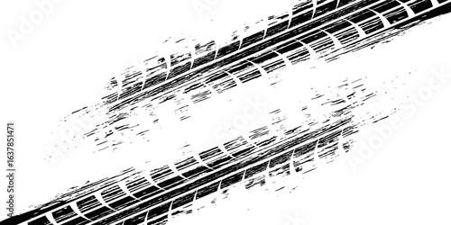 Tire track. Car, bike, motorcycle tyre mark with grunge effect isolated on white background. Wheel footprint on the road. Top view of rubber protector mark