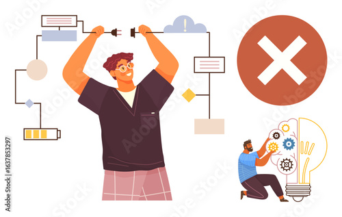 Man troubleshooting wiring diagram near error sign, innovator adjusting bright idea gears in bulb concept. Ideal for innovation, technology, collaboration, brainstorming, troubleshooting