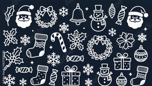 White Christmas Doodle Icons on Dark Blue Background