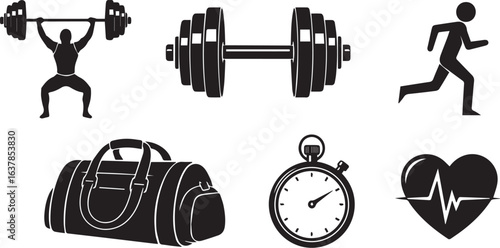 Minimalist Gym & Fitness Silhouette Icons – Workout, Sports & Exercise Vector Design on White Background