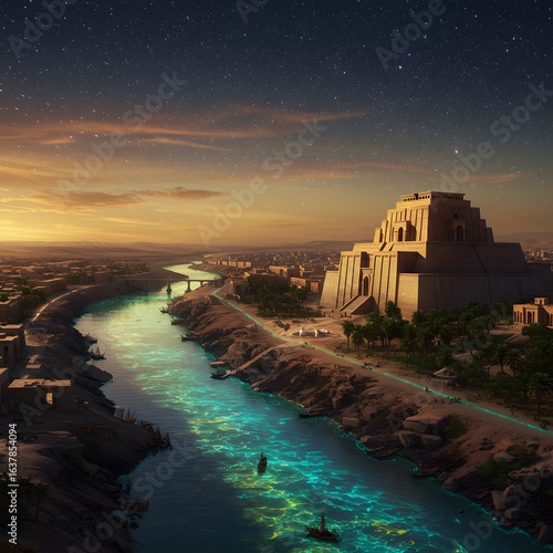 A majestic ziggurat in an ancient Mesopotamian city by a glowing river at twilight under a starry sky.
