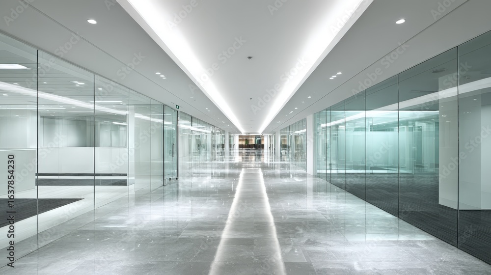 Obraz premium Bright modern office interior corridor with glass walls and minimalist design provides a clean workspace