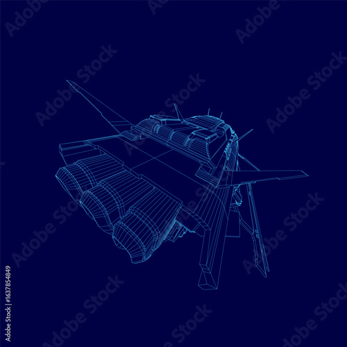 A futuristic fighter spaceship in detailed 3D wireframe model, showcasing wings, engines, and cockpit against a solid blue background. The blueprint-style design highlights intricate technical.