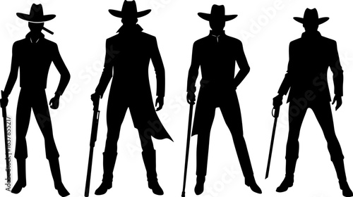 Four Cowboy Silhouette Figures in Black with Hats and Weapons Representing the Wild West Era