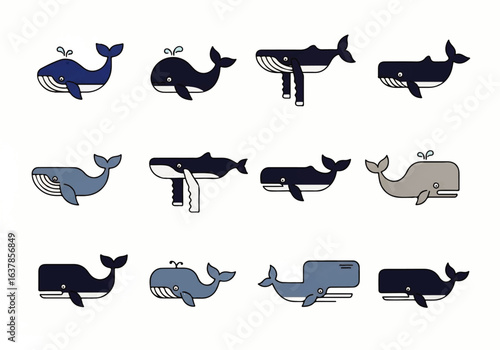Whale illustrations in shades of blue  grey. Ideal for marinethemed designs, educational materials, cards, and posters.