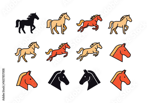 Running horse icons suitable for equestrian businesses, sports events, logos, and designs needing dynamic movement elements. Perfect for web graphics.