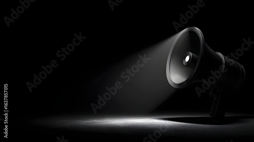 Megaphone illuminated by spotlight in dark .