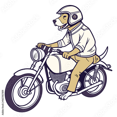 A cool dog wearing helmet riding a classic motorcycle illustration style