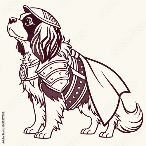 A gallant dog stands tall in shining armor, ready for adventure