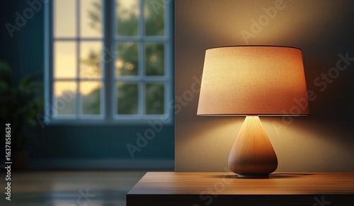 Modern wooden desk with warm glowing table lamp in dark room during sunset, close-up view highlighting cozy ambiance and natural window light interplay