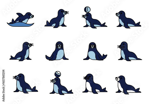 Seals posing in playful ways ideal for childrens books, wildlife magazines, and oceanthemed designs. Versatile for marketing campaigns.