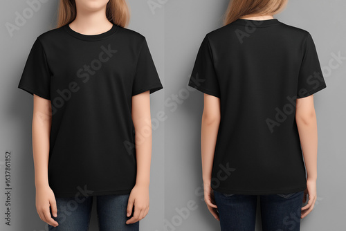 Front and back view of a black t-shirt mockup