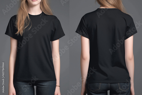 Front and back view of a black t-shirt mockup