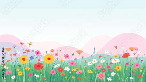Colorful Flowers in Soft Pastel Colors. Illustration of a Serene Meadow with Colorful Flowers.