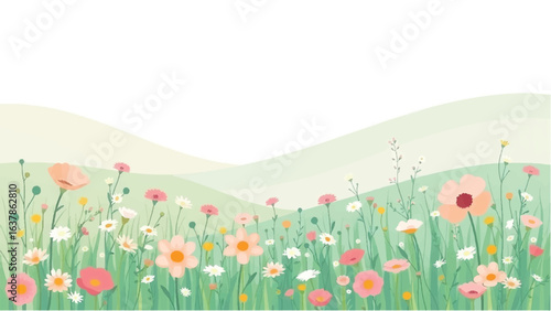 Colorful Flowers in Soft Pastel Colors. Illustration of a Serene Meadow with Colorful Flowers.