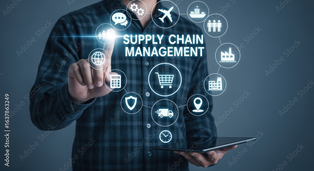 Fototapeta premium Supply Chain Management Concept: Person Interacting with Digital Interface Displaying Logistics and Network Icons