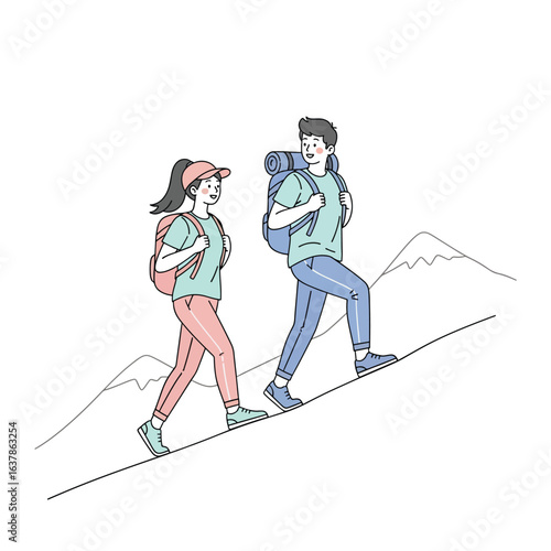 Happy young couple with backpacks hiking uphill Simple line art illustration with pastel colors.