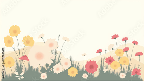 Colorful Flowers in Soft Pastel Colors. Illustration of a Serene Meadow with Colorful Flowers.