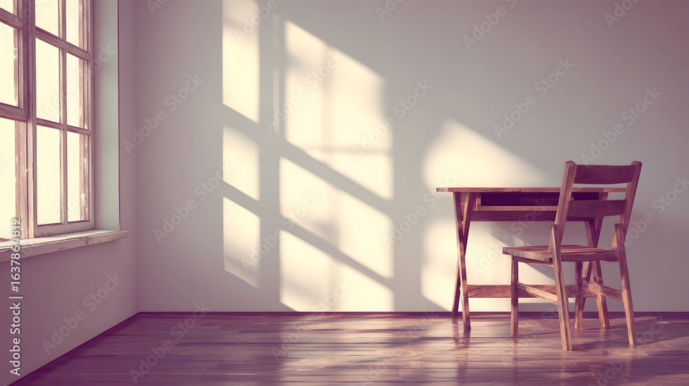 Fototapeta premium Empty room with wooden desk and chair illuminated by sunlight.