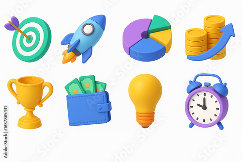 Colorful 3D Icons Representing Business Growth and Success