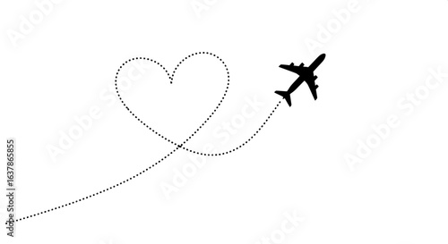 A silhouette of an airplane with a heart-shaped flight path trail. A romantic concept for travel and aviation.