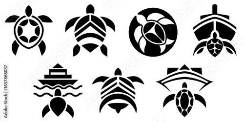 Black and white stylized turtle set in geometric shapes, suitable for marine life branding, nautical logos, ocean conservation themes and underwater graphic designs
